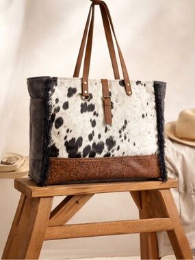 Myra Cowhide Weekender Bag Western Leather Duffel Travel Carry On Boho Cowgirl